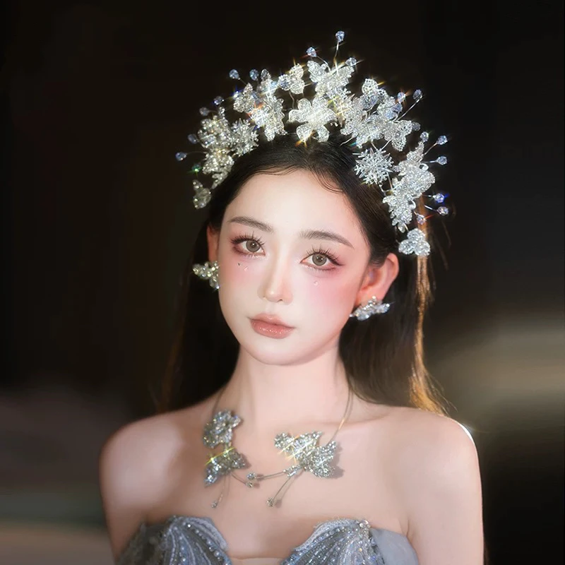 6845 新款婚纱头饰闪钻皇冠耳环白纱发饰手工皇冠项链套装