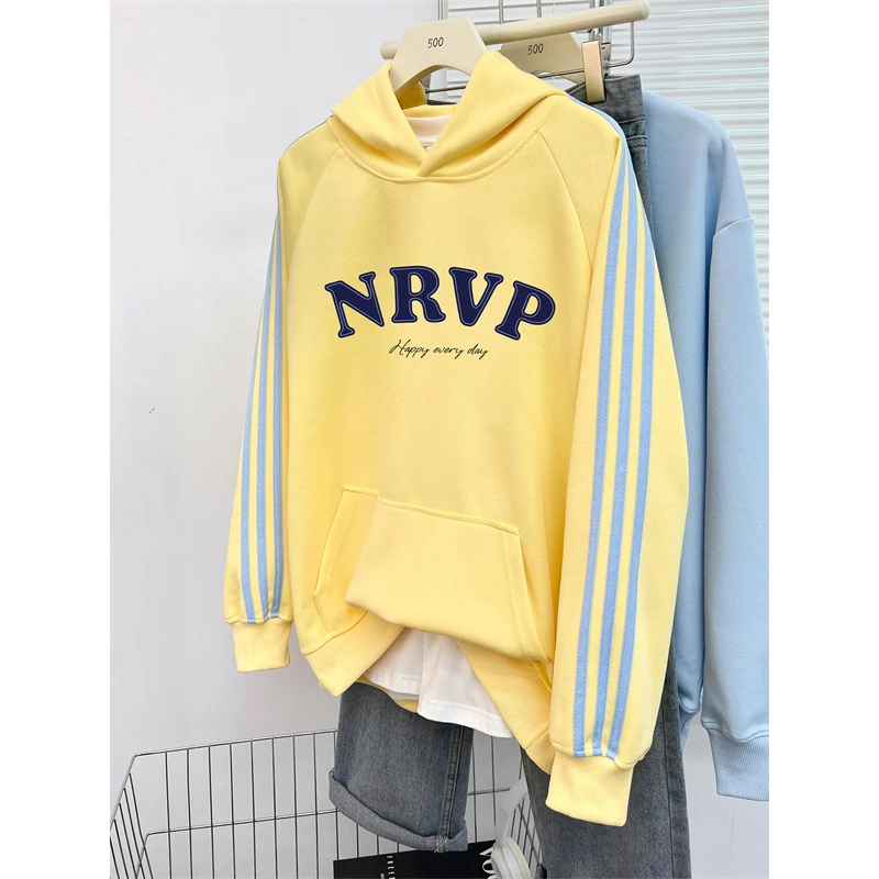 美式高街三条杠连帽卫衣女秋冬重磅宽松大码字母印花中长款外套潮