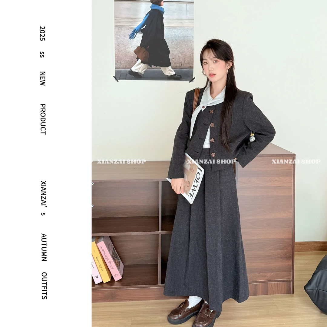 XIANZAI【留洋大小姐】秋冬反季雅丹小香风西装外套半身裙两件套装
