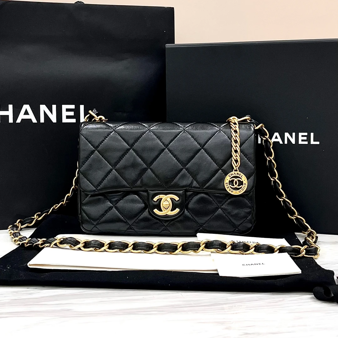 全新未使用 Chanel/香奈儿 黑金23s金币CF小号链条包，约23.5*15