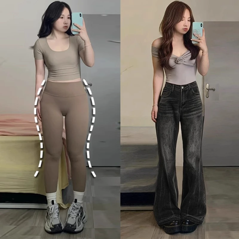 黑色微喇牛仔裤女春秋加绒保暖大码胖mm高腰显瘦梨型身材阔腿裤子