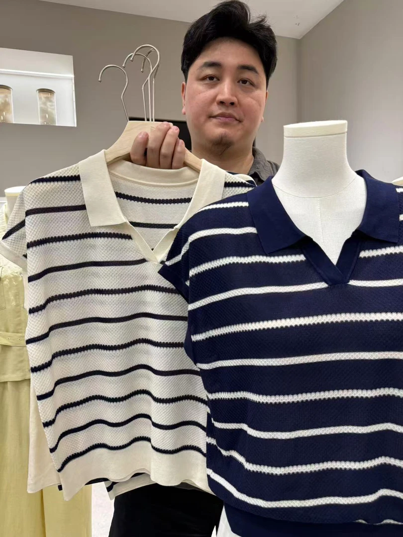 夏季polo领莱赛尔刺绣横条针织百搭气质时尚条纹小飞袖坎肩06051
