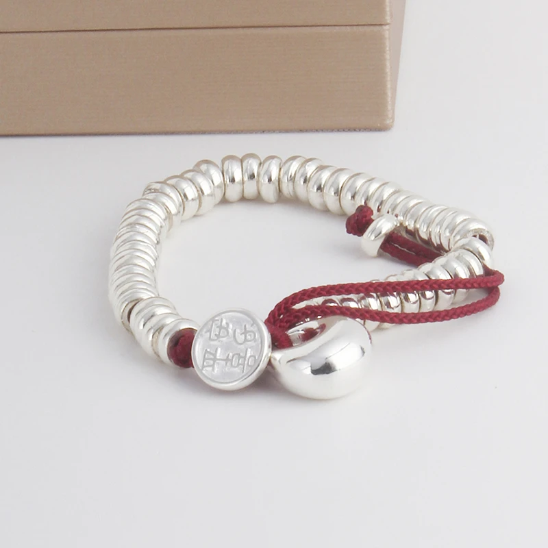 足银手镯 足银999.9可调节平安喜乐手链实心女经典百搭精美礼物