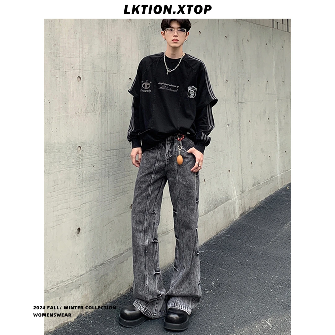 LK正品痞帅美式高街复古做旧废土风水洗休闲微喇牛仔裤黑色裤子