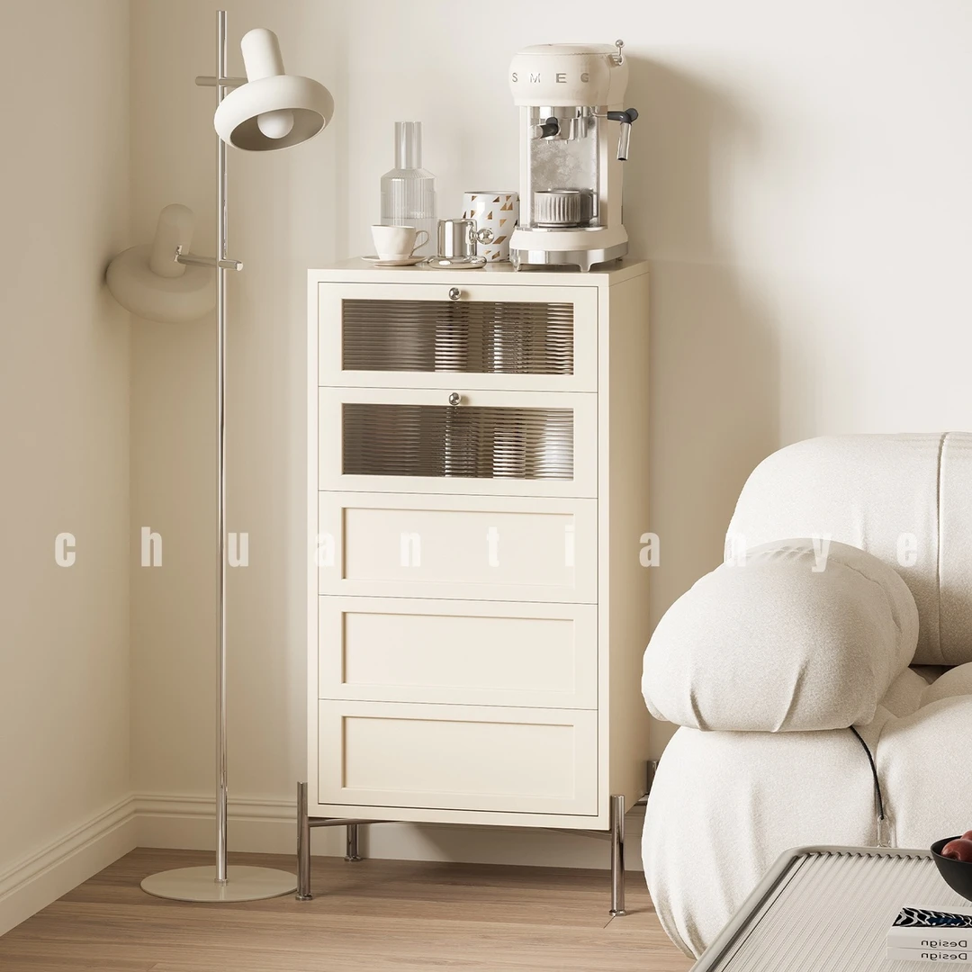 川田野法式奶油风五斗柜客厅卧室玻璃收纳立柜轻奢网红咖啡柜子