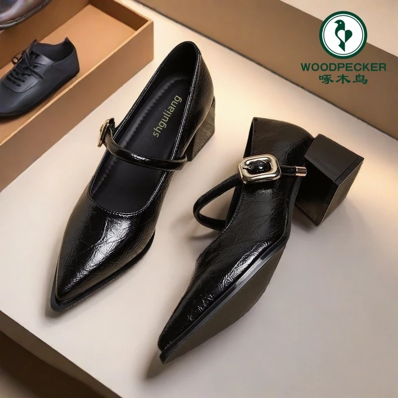 啄木鸟单鞋女2025春秋新款法式尖头玛丽珍女鞋时尚高跟粗跟小皮鞋