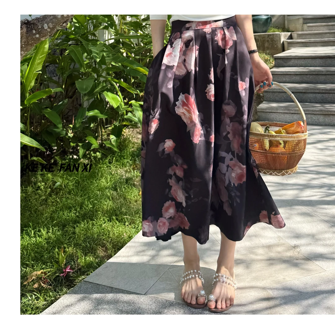 5090花朵半身裙春季显瘦百搭宽松印花复古大摆时尚