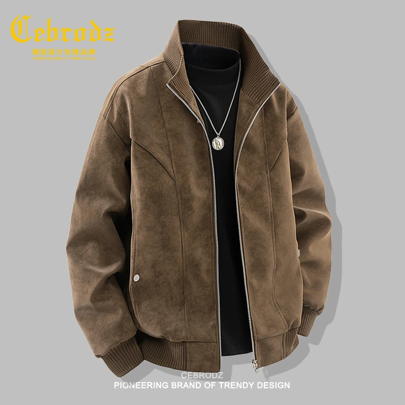 法国Cebrodz复古夹克外套男士春秋季潮牌宽松休闲PU皮夹克立领