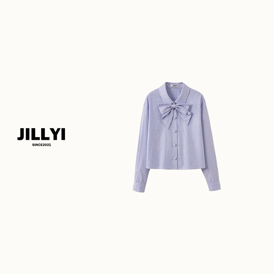 JILLYI南山店【天空梦境】蓝色格子领口蝴蝶结单排扣时尚百搭衬衫