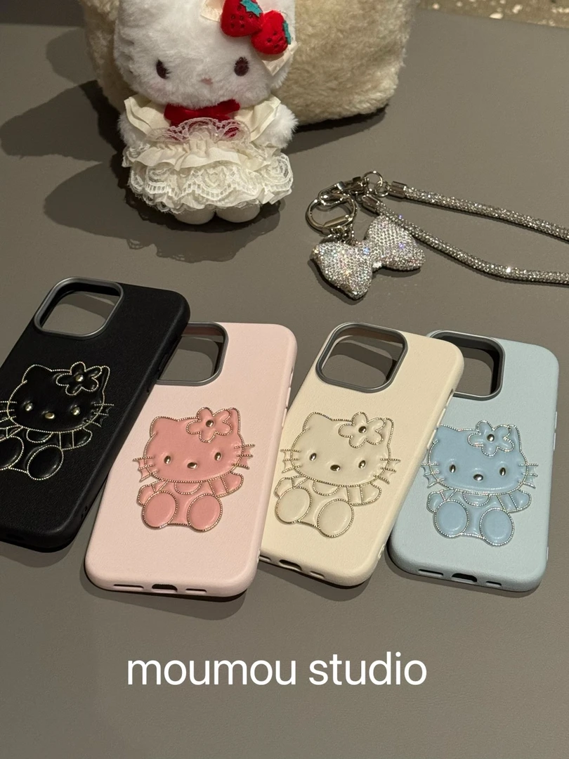 皮纹金边kitty猫适用苹果16promax手机壳iphone15少女14/13手绳套
