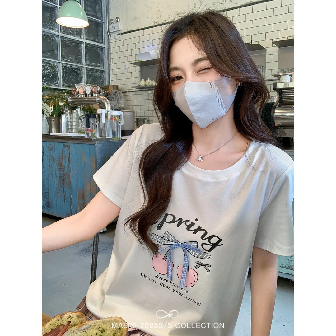 马西西大码女装 蝴蝶结印花短袖T恤夏季休闲上衣