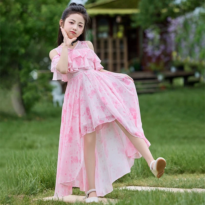 女童夏公主裙2025新款洋气儿童裙子拖尾夏装女大童碎花长裙沙滩裙