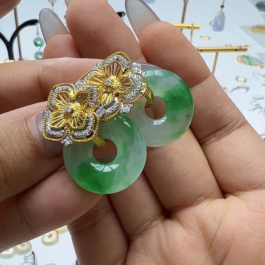 果***果翡翠18K金镶嵌耳饰天然缅甸A货翡翠