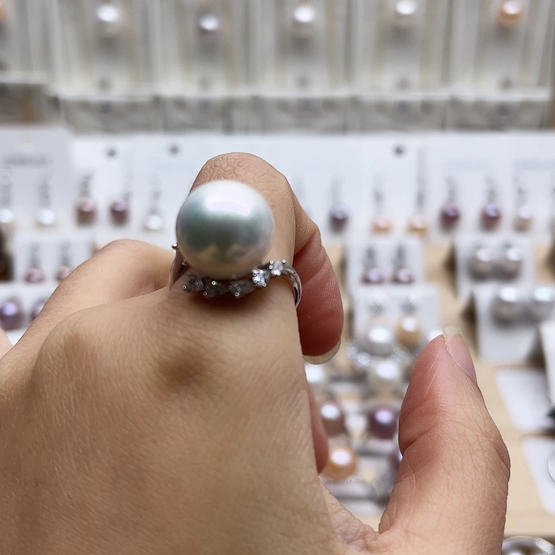 温***.淡水珍珠银S925镶嵌戒指13.3微微纹理