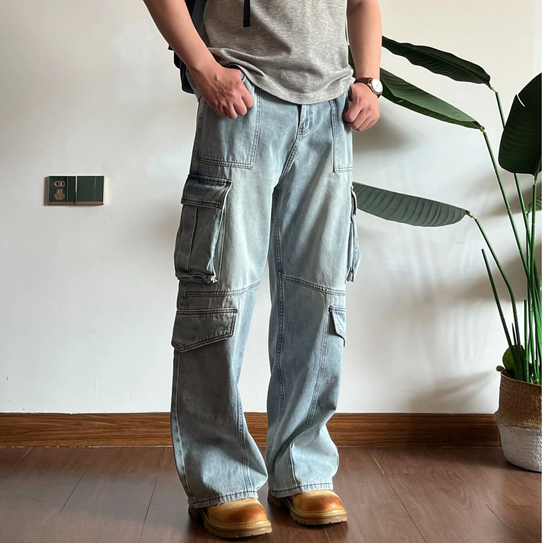 Ineffable life美式复古做旧vintage牛仔裤重工水洗多口袋拼接