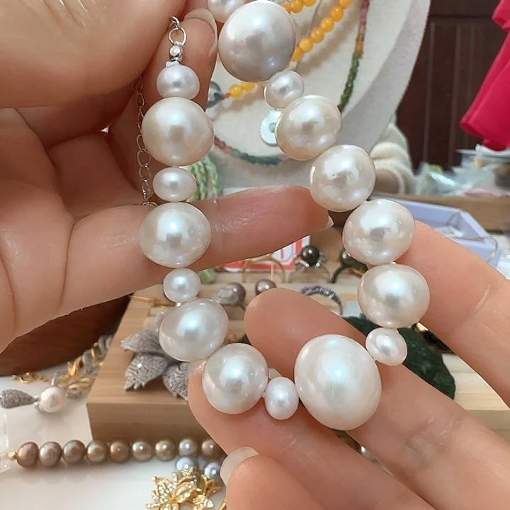 淡水珍珠未镶嵌手绳大小珠设计15.8大珠有纹理