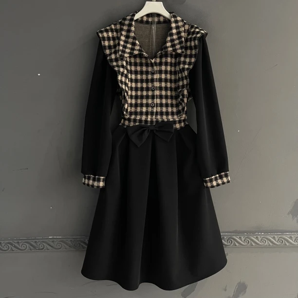 秋冬季新款中长版格子拼接JK长袖连衣裙通勤气质A字裙