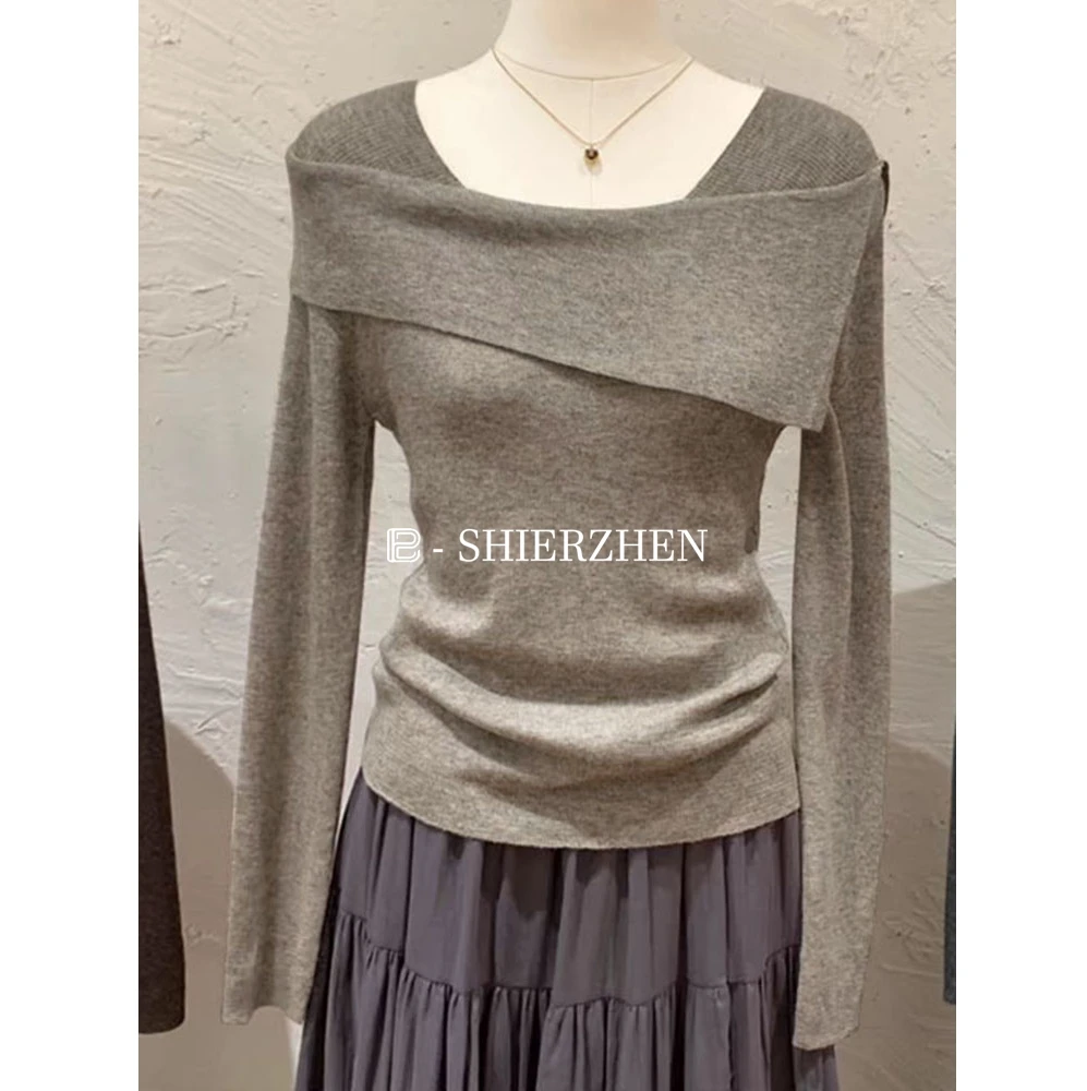 2025早春韩版气质纯欲一字肩时尚百搭显瘦针织衫长袖内搭上衣女