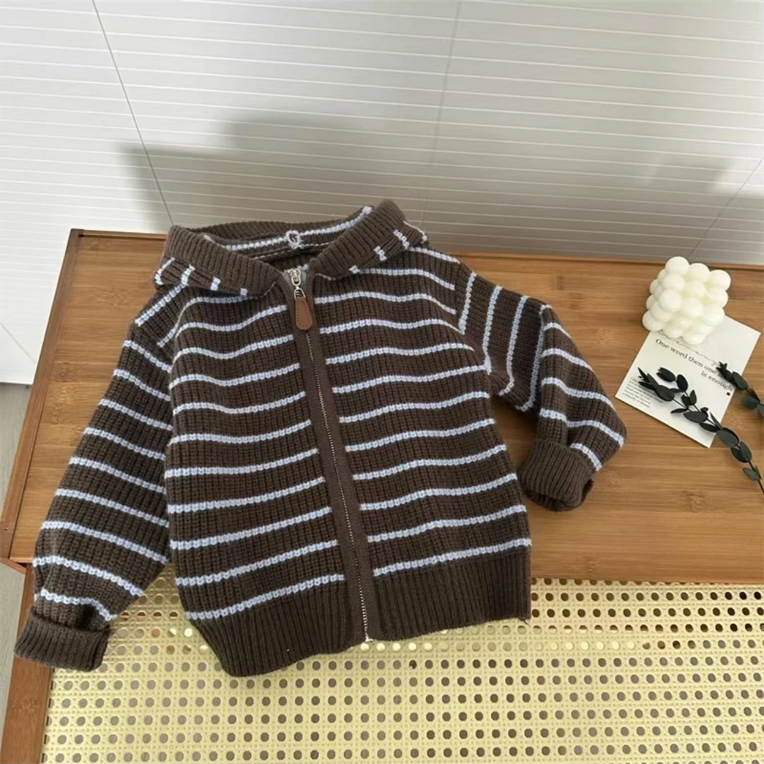 【现货捡漏】男童秋冬款开衫毛衣2024新款儿童秋冬条纹上衣