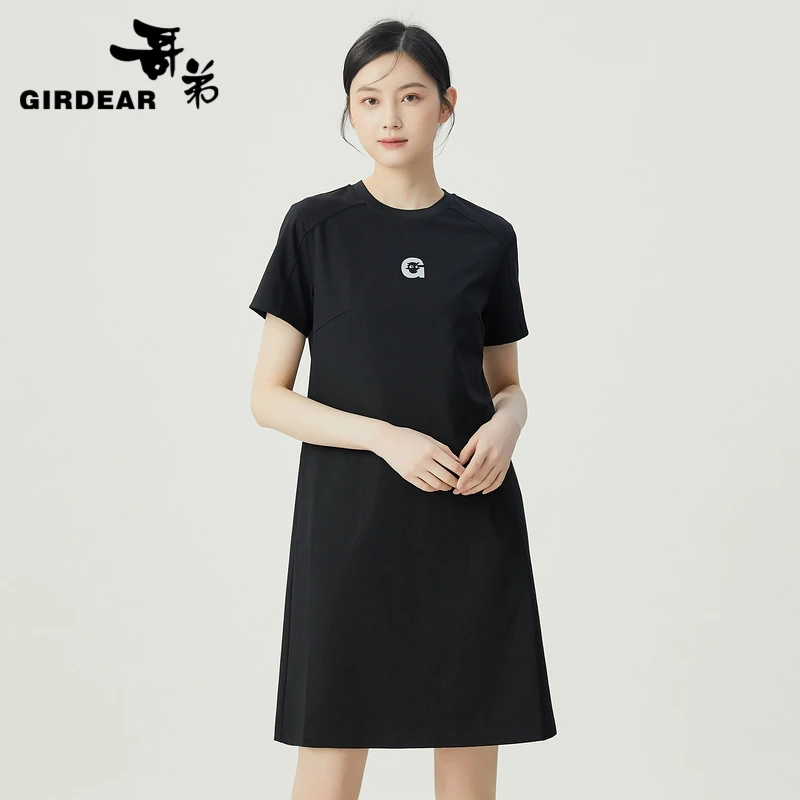 哥弟夏天女装魔法龙宽松中裙休闲圆领短袖字母t恤连衣裙女1500529