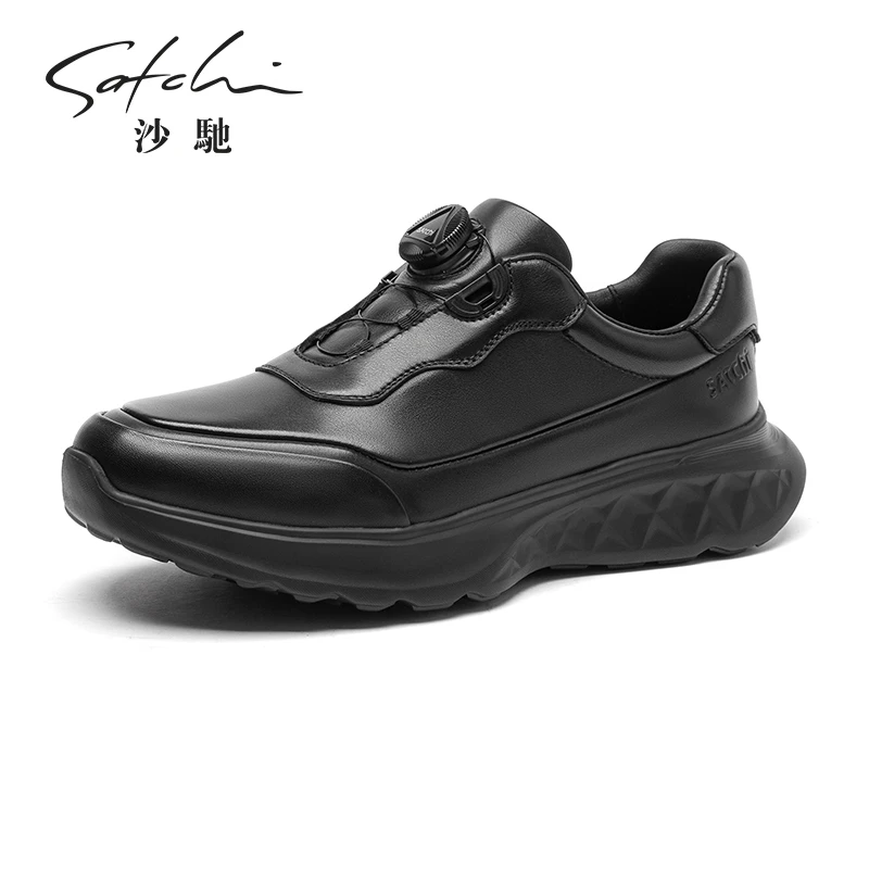 沙驰男鞋2025秋季新款休闲皮鞋时尚牛皮轻便运动软底回弹旋转扣
