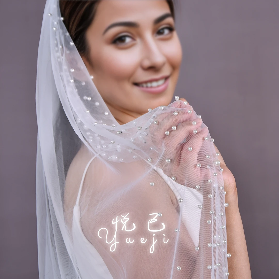 悦己新娘钉珠头纱时尚大小珍珠点缀结婚领证饰品求婚拍照道具275