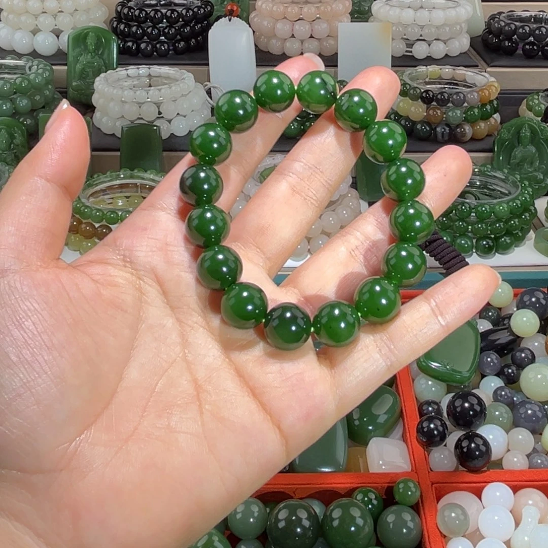 和田玉未镶嵌珠宝半成品卡13红皮菠菜绿手串