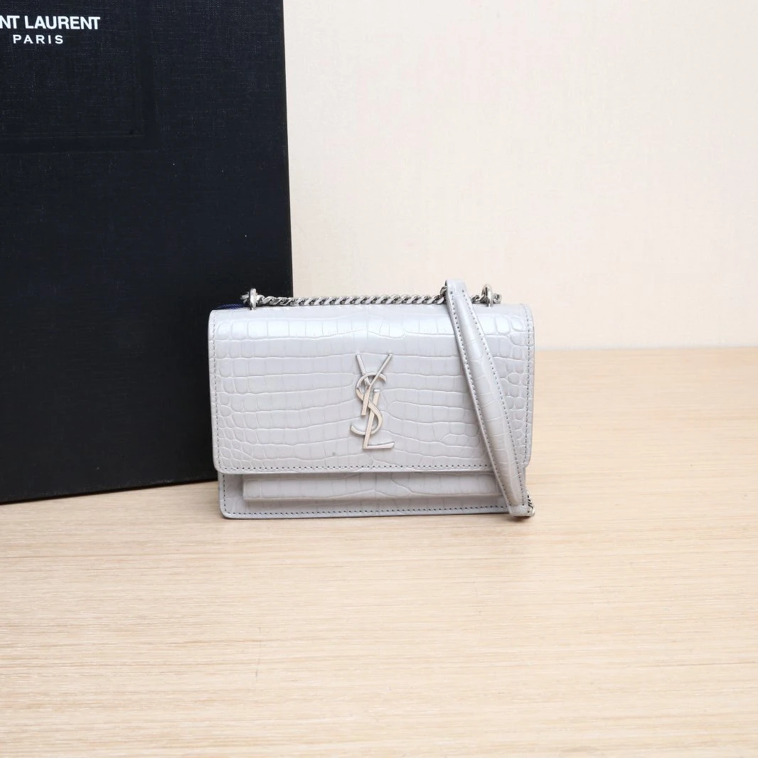 95新 YSL/圣罗兰 【攀攀618】日落包Woc 鳄鱼压纹 灰色