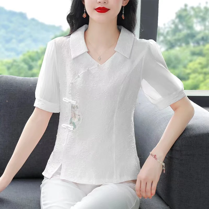 X9985轻国风小衫女夏季新中式翻领盘扣衬衫复古斜襟提花上衣女