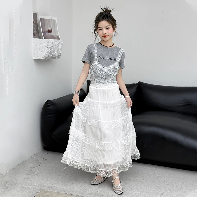 女童夏季套装2025蕾丝花边短袖T恤6-12岁夏百褶显瘦半身裙两件套