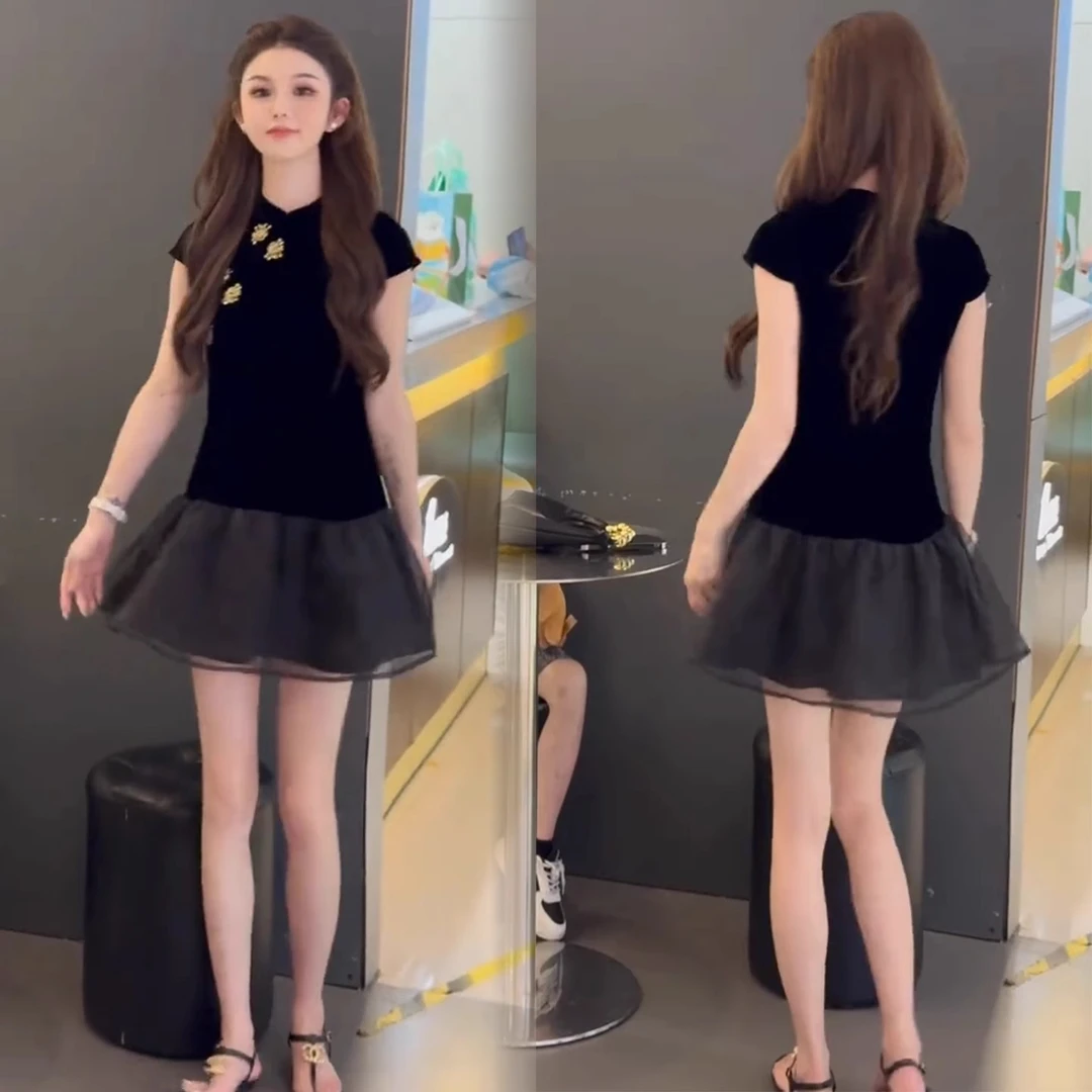 时尚蓬蓬连衣裙女2025夏季新款洋气显瘦减龄高级感拼接网纱连衣裙