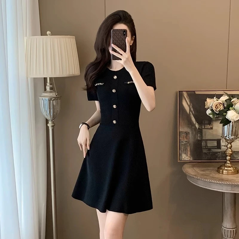 NAHOPULER/纳霍浦勒收腰显瘦法式针织连衣裙气质赫本风A字黑裙