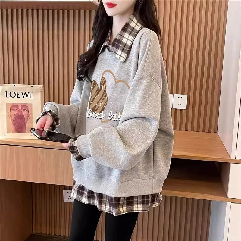 格子拼接假两件polo衫卫衣女春秋2025新款韩版宽松百搭设计感上衣