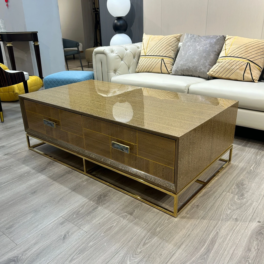 轻奢全实木茶几贝壳拉手方几带抽屉