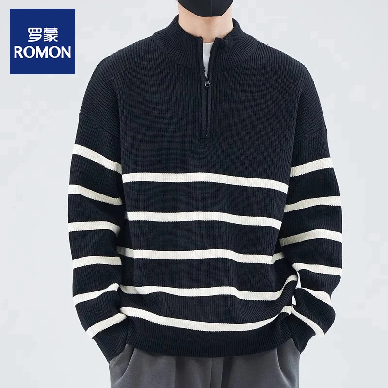 罗蒙条纹毛衣男士秋冬季2025新款宽松半拉链套头打底潮流款针织衫
