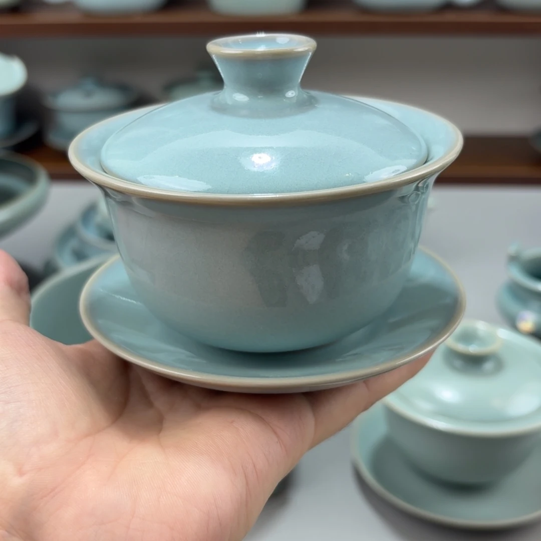 摆件二级汝窑天青釉三才元宝盖碗