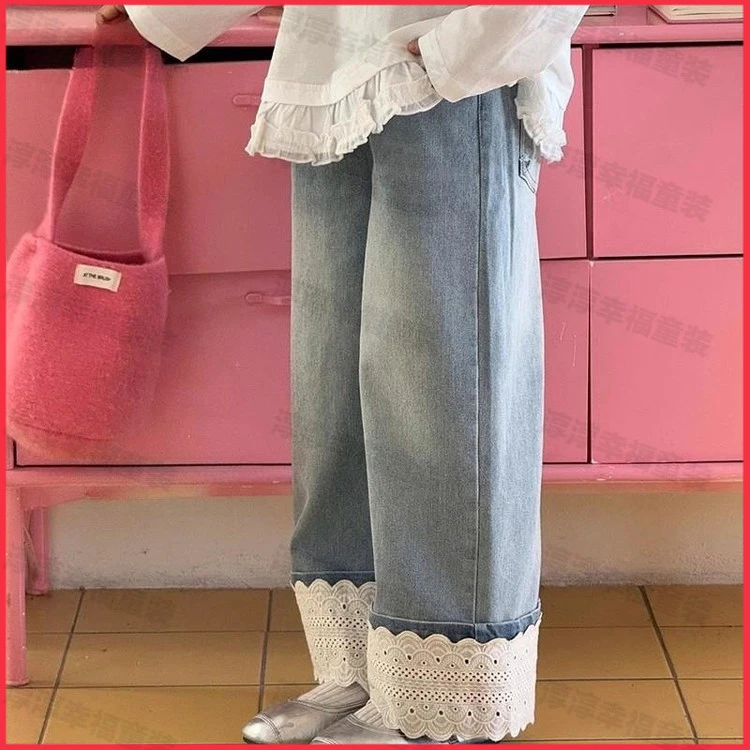 牛仔裤女童春装2025新款早春洋气韩范女宝宝时尚潮流阔腿裤花边
