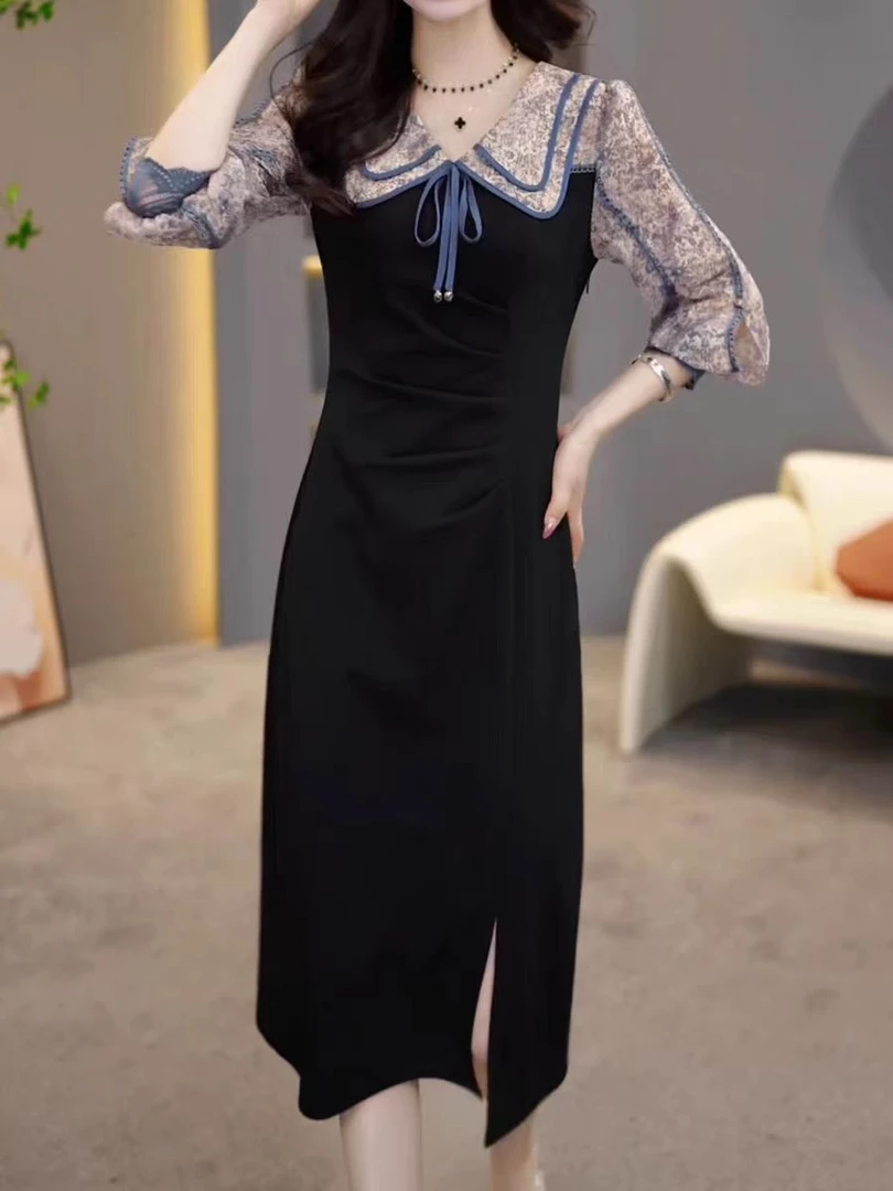 【T87】时尚拼接气质连衣裙2025年春季新款淡蓝碎花中长款裙子