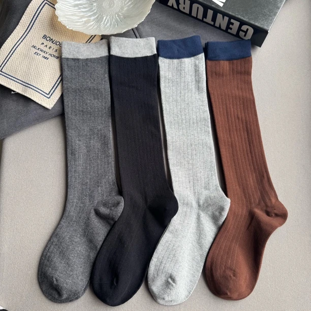 秋季撞色抽条长筒袜女小腿袜拼接显瘦及膝休闲风森系堆堆袜