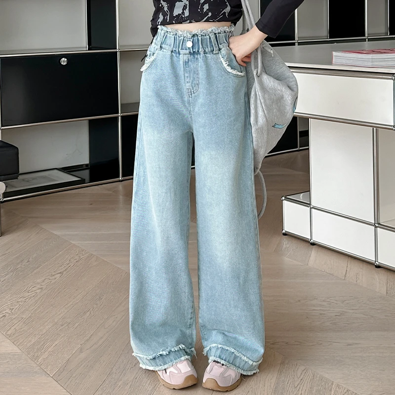 女童2025年春季新款牛仔阔腿裤时尚直筒裤中大童休闲宽松运动裤
