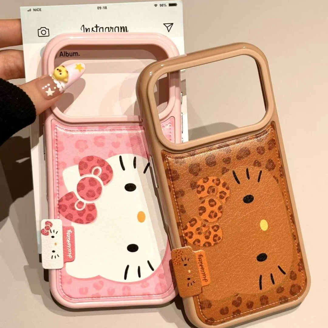 卡通可爱粉棕横屏豹纹KT猫皮纹壳适用苹果17promax/16/15/14防摔