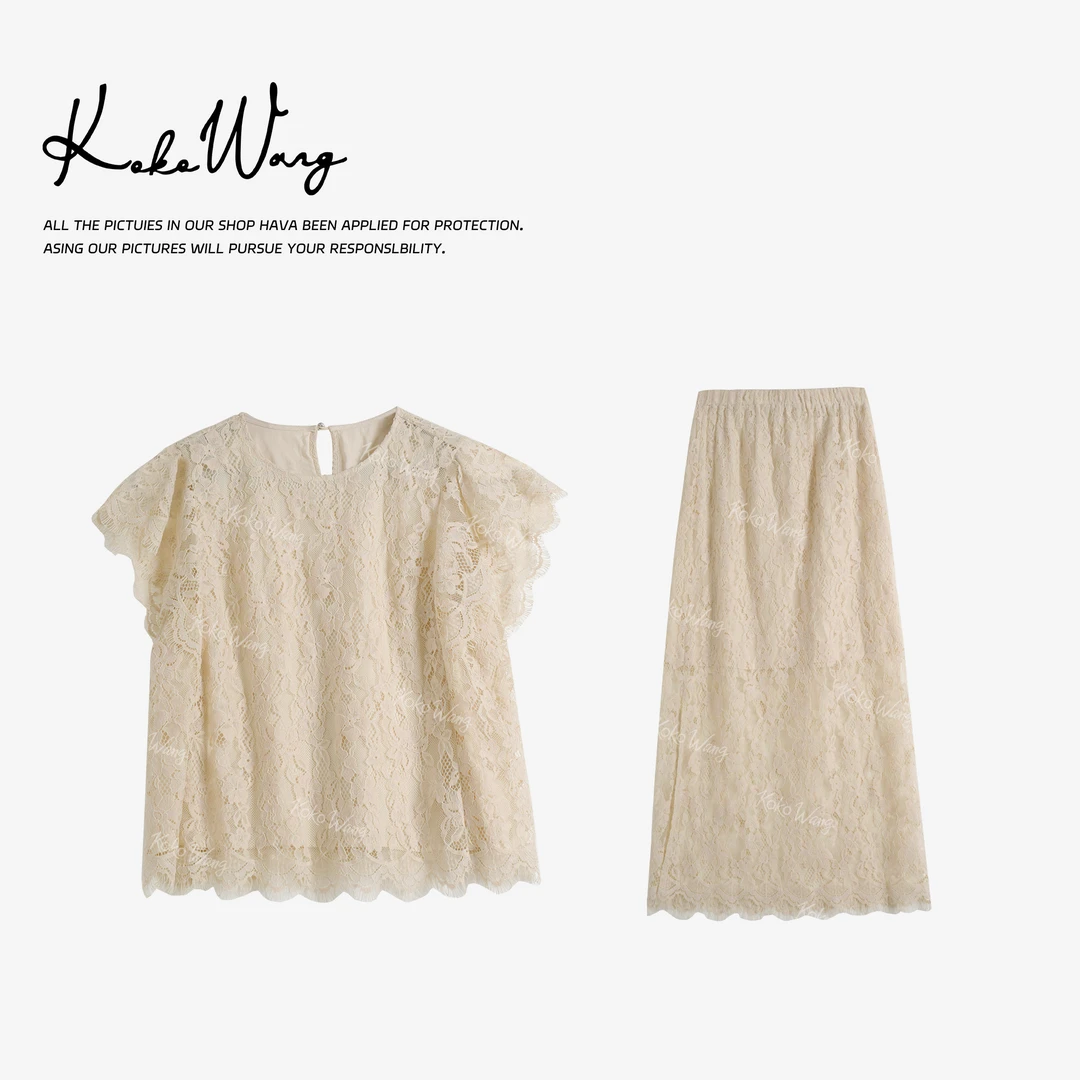 KOKO WANG夏季时尚小飞袖蕾丝半裙高级感显瘦套装502445F17H41