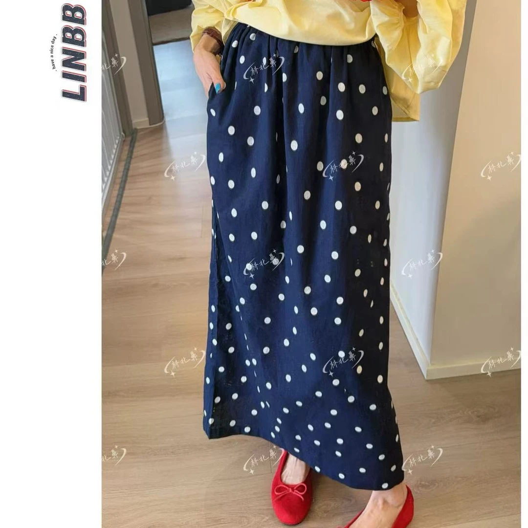 林北鼻-【韩代波点裙】韩单夏日苎麻高腰波点休闲显瘦长裙