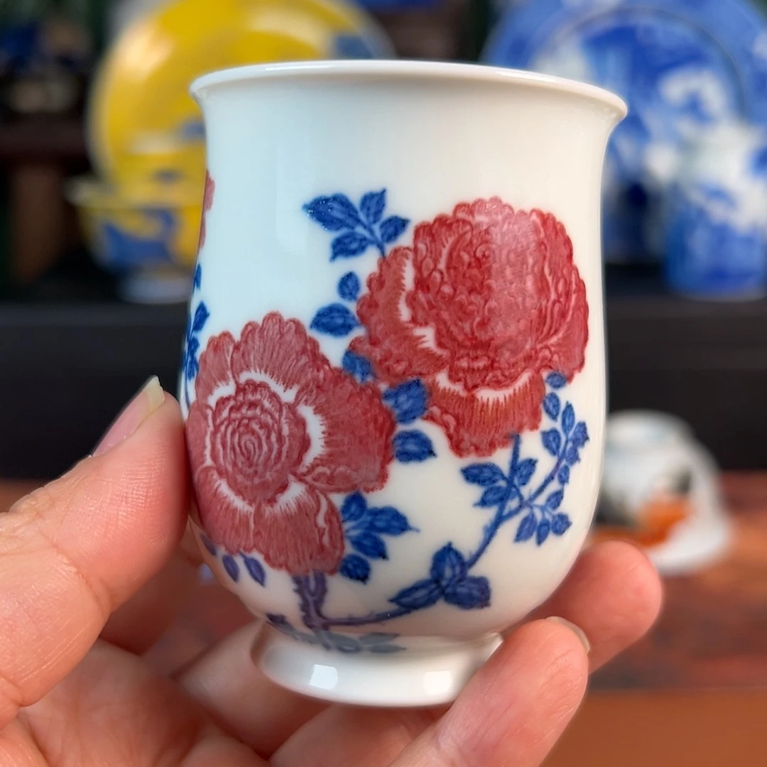 【闪购商品】杯勤义堂-青花釉里红月季花杯