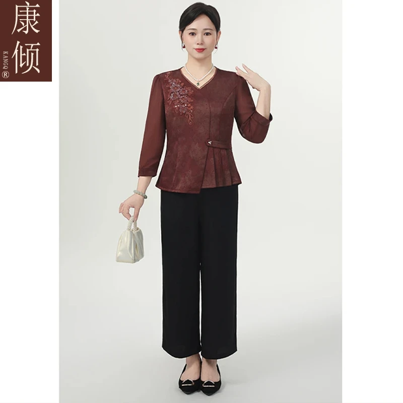 妈妈装2025早秋网纱袖刺绣上衣套装喜婆婆春秋款婚宴装中国风小衫