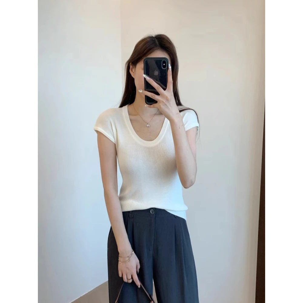 白色微透u领小飞袖冰丝t恤女夏季百搭别致甜辣小个子修身上衣薄款