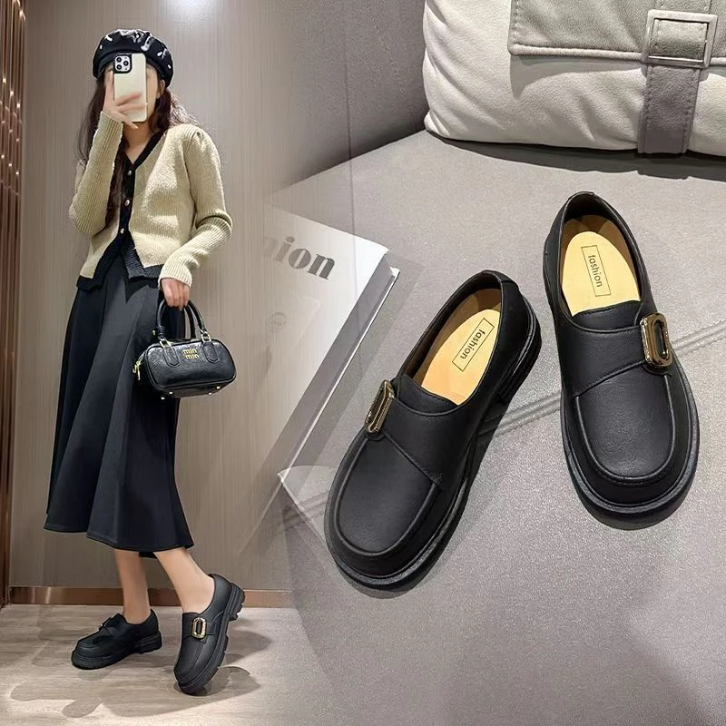 2025秋季爆款6666春秋休闲黑色软底软面英伦风百搭时尚包头乐福鞋