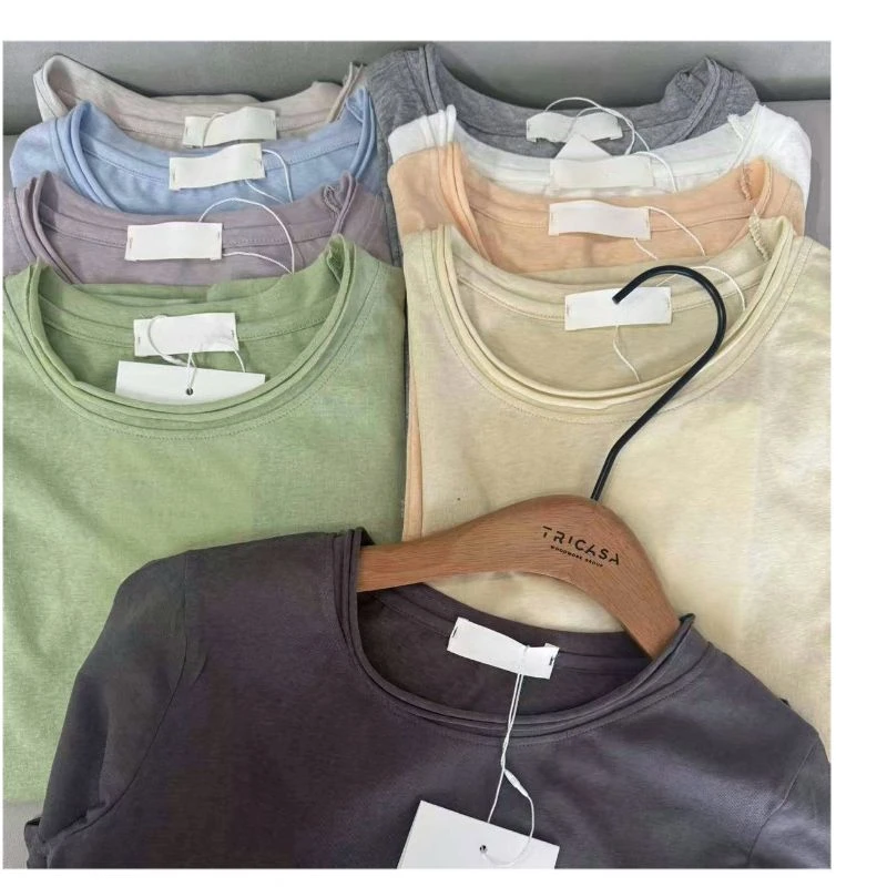 25141【卷边纯色T】H韩系基础款卷边领纯色T恤百搭显瘦短袖上衣透气