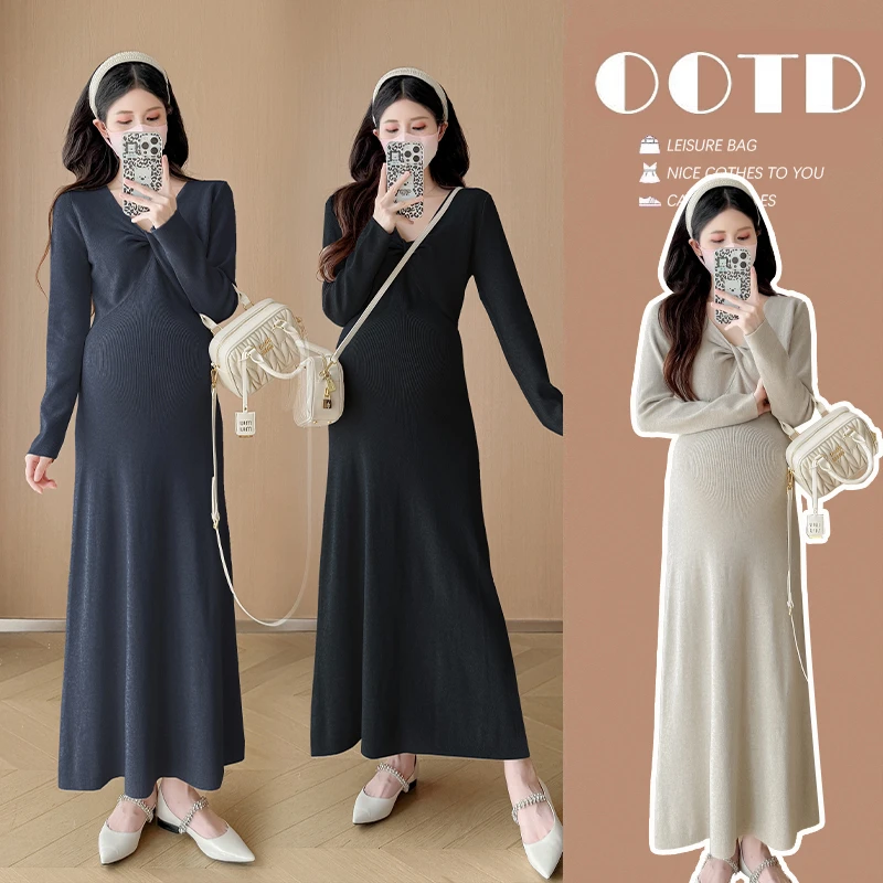 时髦孕妇装显瘦时尚百搭春秋气质针织打底中长款网红气质款连衣裙