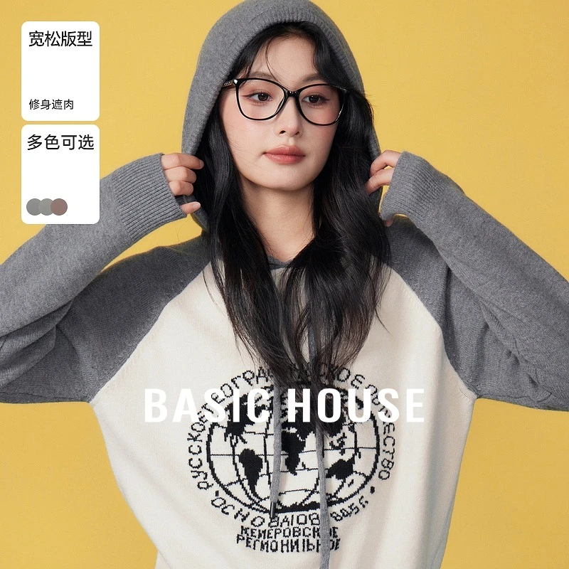 Basic House/百家好长袖针织时尚连帽宽松印花毛衣-B06245A1002